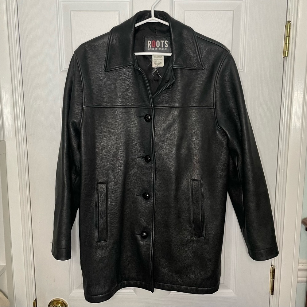 Roots Vintage 100% Leather Black Button Collared Jacket Coat Made in Canada 6